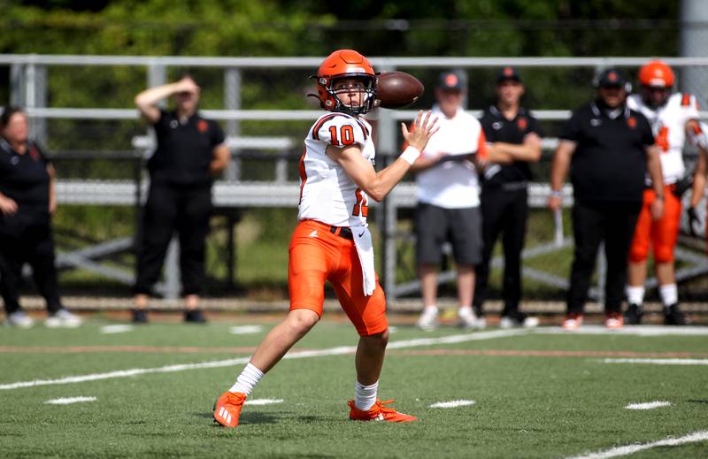 Wheaton Warrenville South quarterback Luke Scherrman looks to throw the ball during a game against Simeon at Gately Stadium in Chicago on Saturday, Aug. 27, 2022.