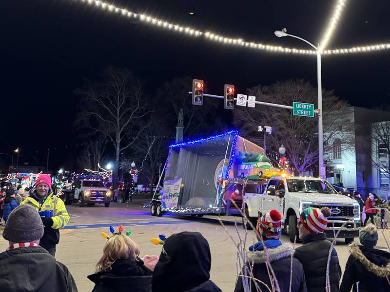 That is a swimming pool making its way past the Grundy County Courthouse onto Liberty Street during the annual Lighted Holiday Parade on Friday, Nov. 28, 2025.
