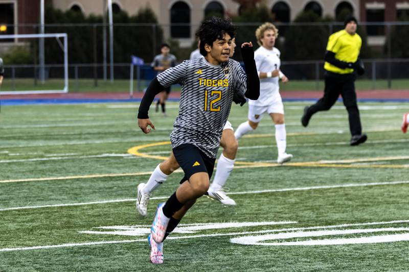 Joliet West's Alan Martinez rushes to the action during the 3A L-W East Regional boys varsity soccer match against Andrew at Lincoln-Way East on Oct. 21, 2025.