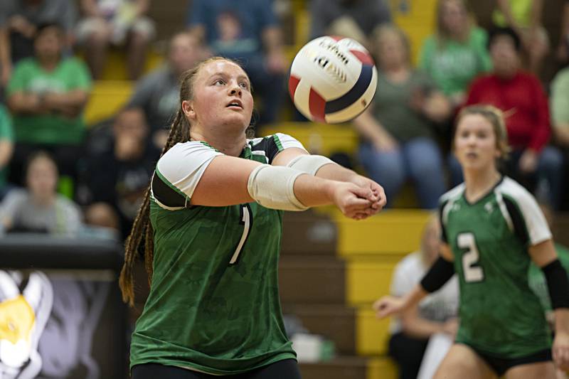 Rock Falls’ Denali Stonitsch passes the ball against Oregon Tuesday, Oct. 24, 2023 at the Riverdale volleyball regional.