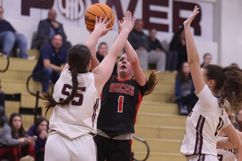 Bradley-Bourbonnais’ Nat Coday puts up a contested shot against Lockport on Thursday, Jan 16, 2025 in Lockport.