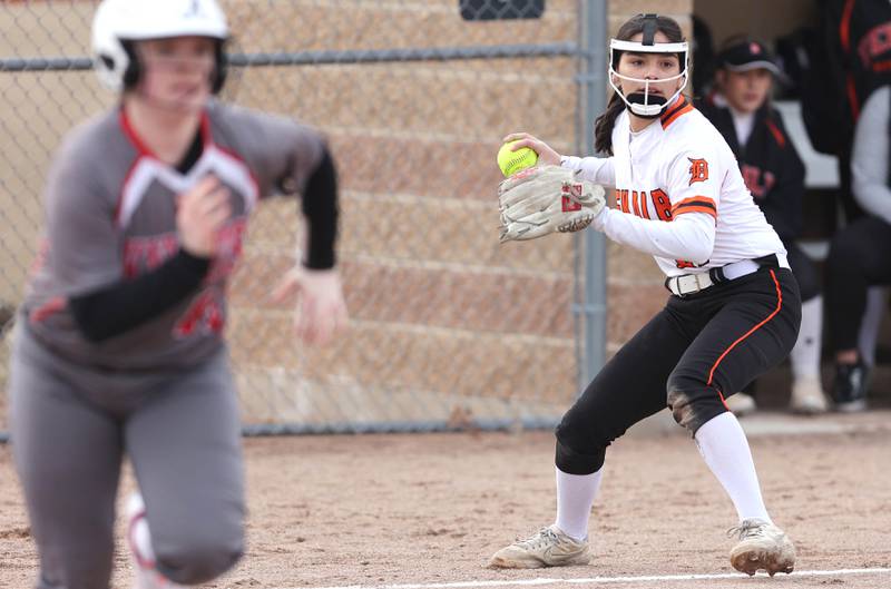 DeKalb’s Isabel Aranda prepares to throw the ball to first during their game against Rockford Auburn Wednesday, March 15, 2023, at DeKalb High School.