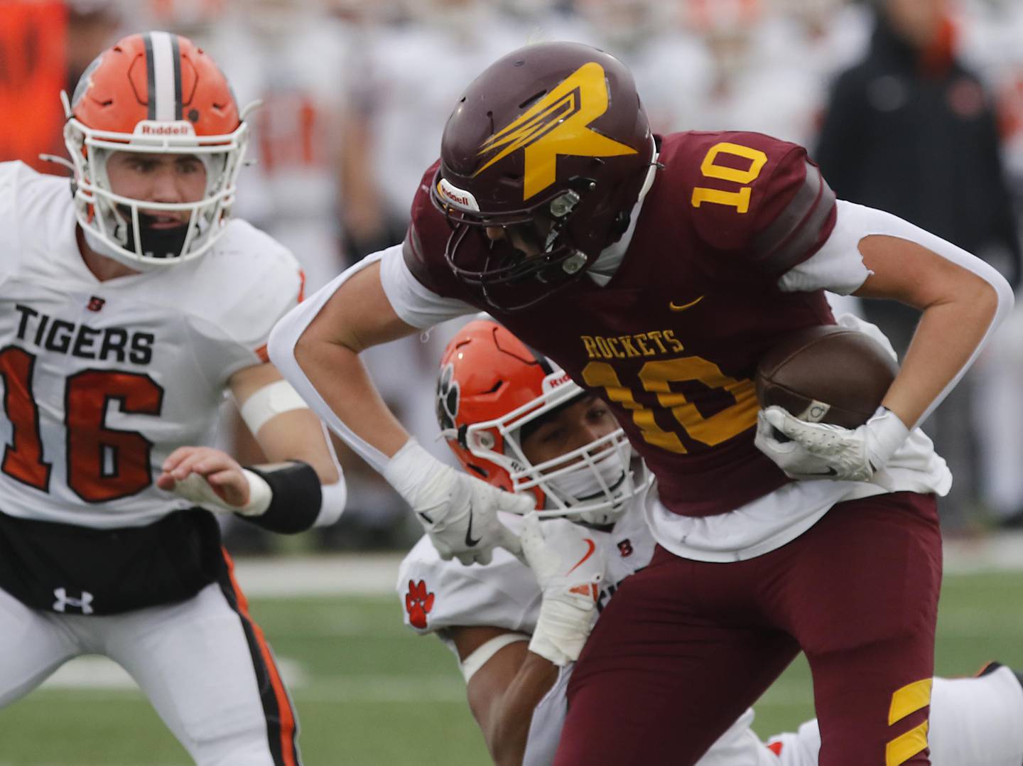 Richmond-Burton's Luke Robinson fights for yards after catching a pass during an IHSA Class 3A semifinal playoff football game against Byron on Saturday, November 22, 2025, at Richmond-Burton High School, in Richmond.