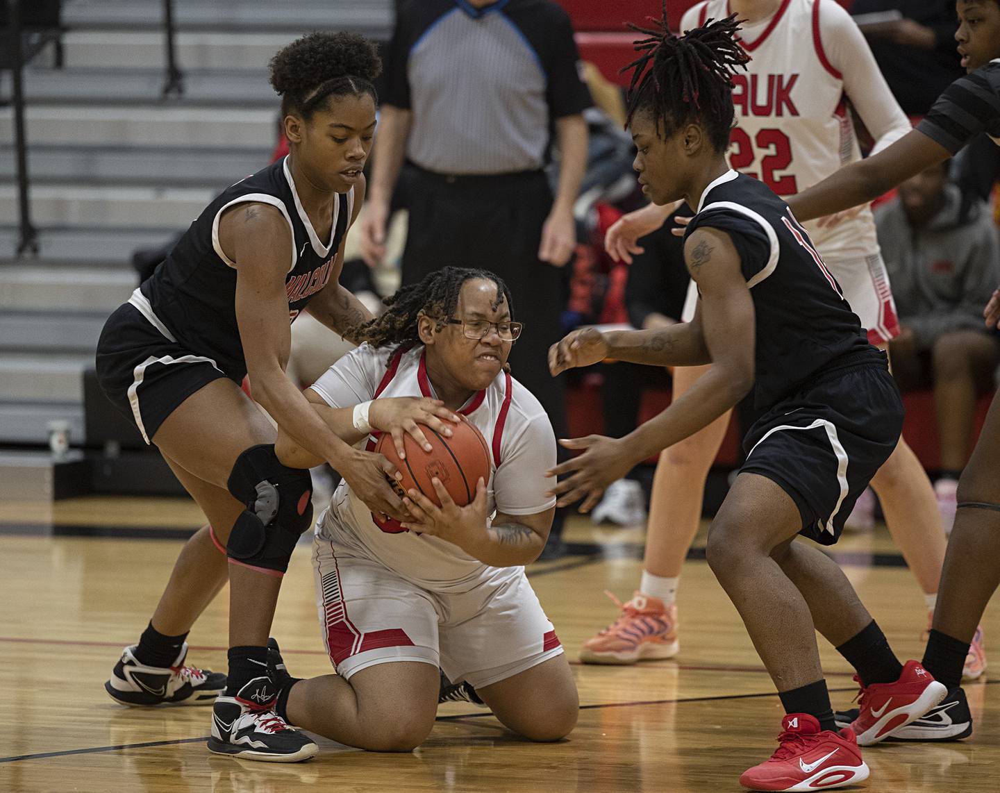 SVCC’s Mya West protects the ball against Malcom X’s Nia Allen (left) and Diana Tolbert Monday, Feb. 23, 2026.