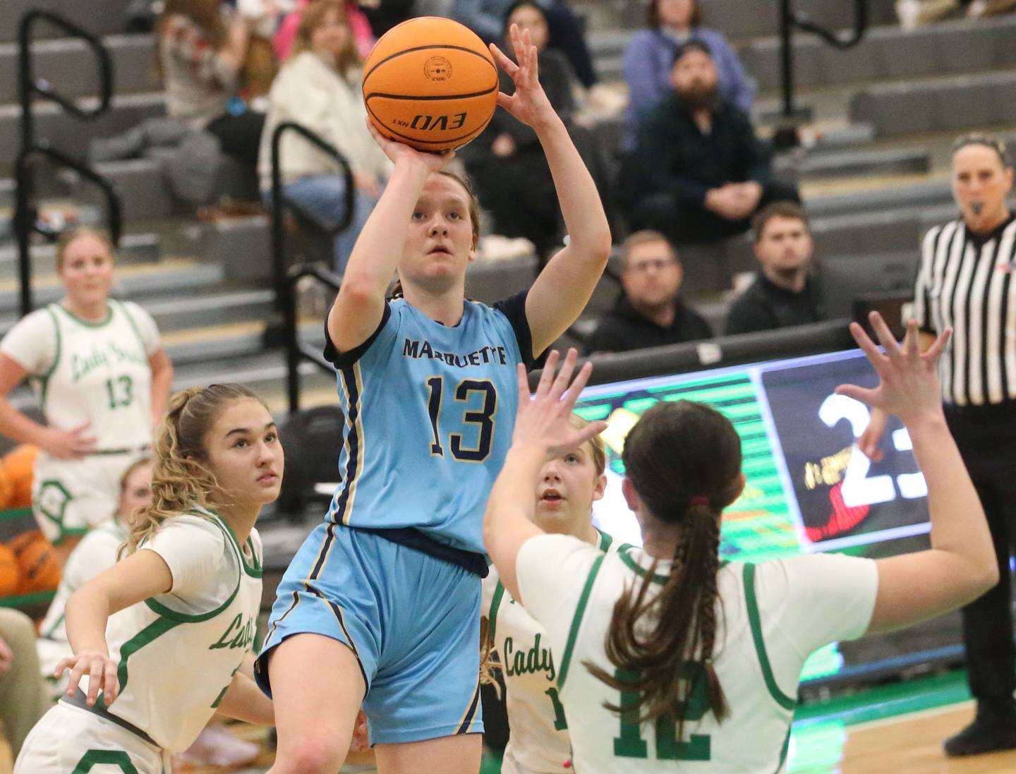 Marquette's Emily Ryan-Adair takes a shot over Seneca's Elsa Douglas on Thursday, Feb. 5, 2026 at Seneca High School.