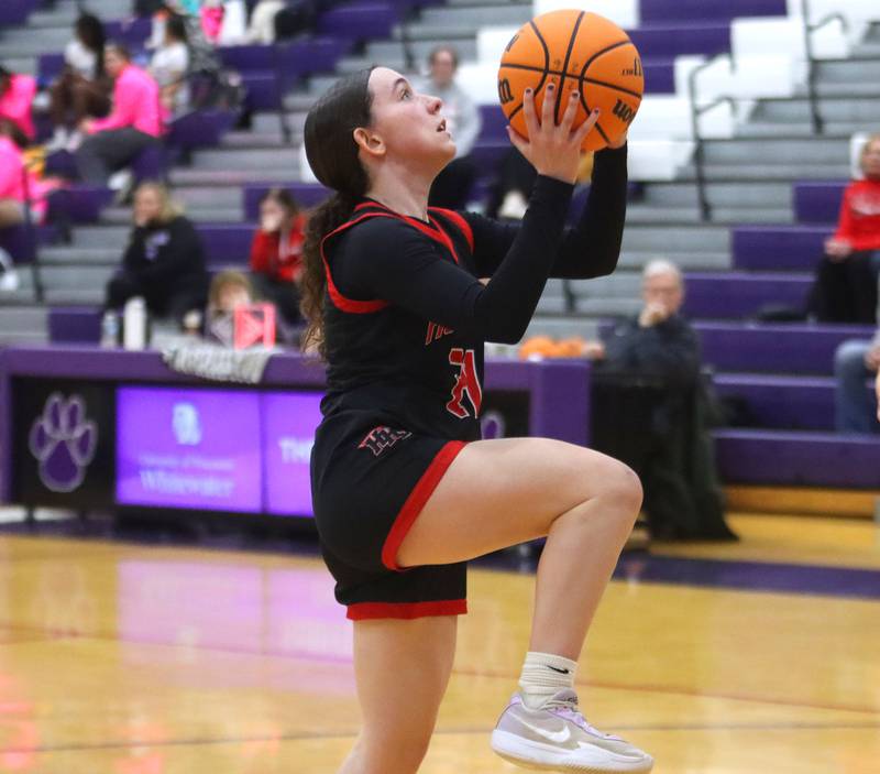 Huntley’s Luca Garlin glides in for a layup in varsity girls basketball on Wednesday, Feb. 11, 2026, at Hampshire High School in Hampshire.