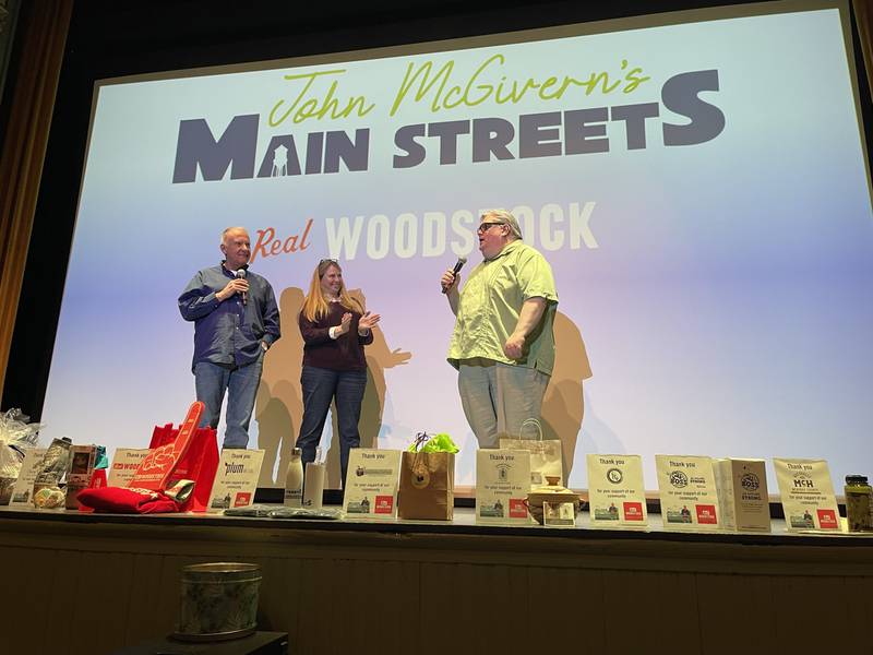 From left to right, John McGivern speaks with Plum Media's Lois Maurer and Lance Miller, on Thursday, Feb. 9, 2023, at the Woodstock Opera House. All three were involved in creating a PBS show that had one of its episodes focus on Woodstock.