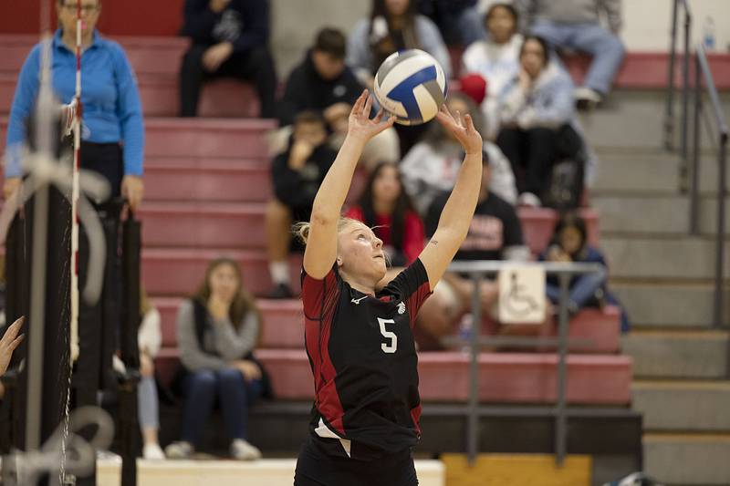 Sauk Valley’s Cadence Stonitsch sets the ball Tuesday, Oct. 18, 2022 against Carl Sandburg College.