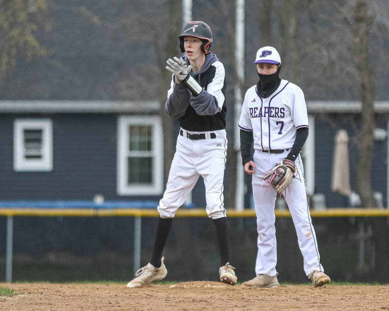 Sandwich's Arlo Budd (40) claps at second base during baseball game between Sandwich at Plano on Thursday, April 9, 2025 in Plano.