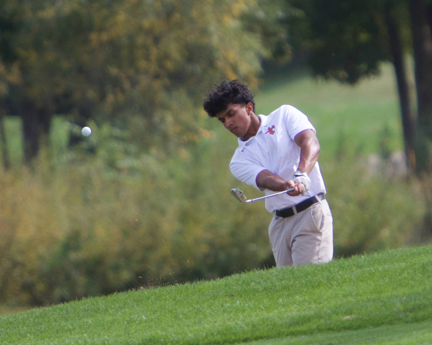 St. Charles East's Aarnav Patel chips the ball at the Class 3A St. Charles North Regional on Wednesday, Oct. 1, 2025 at Bowes Creek Country Club in Elgin.