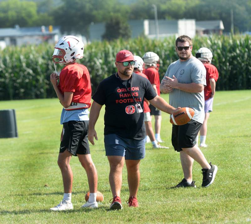 Oregon High School head coach Broc Kundert directs practice on Wednesday, Aug. 13, 2025 in Oregon.