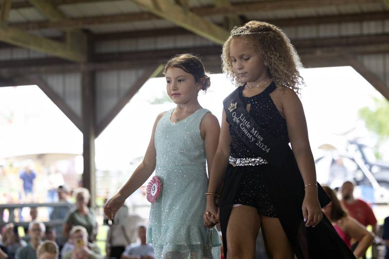 Adaline Strang (left), 8, competes in the Little Miss Ogle County pageant, Thursday, July 30, 2025, at the Ogle County Fairgrounds.
