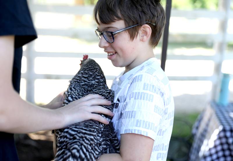 Colin Racine, 12, of Elburn holds a chicken during a day camp at the Happy Hooves Therapeutic Farm in Elburn on Monday, June 27, 2022.
