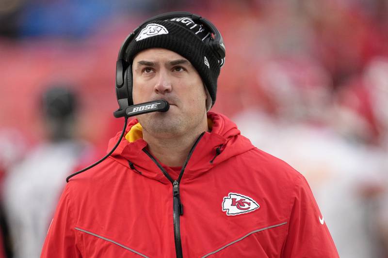 Kansas City Chiefs quarterbacks coach/passing game coordinator Mike Kafkalooks on during a game against the Denver Broncos Saturday, Jan. 8, 2022, in Denver.