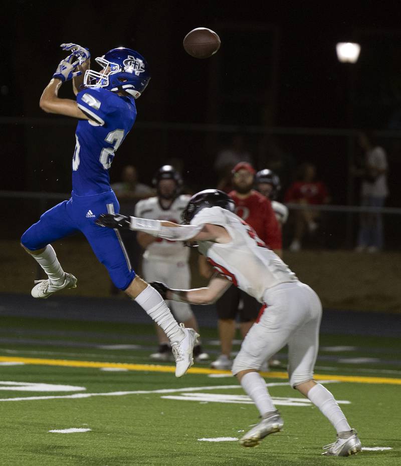 The ball slips through the hands of Newman’s Joseph Oswalt against Orion Friday, Sept. 20, 2024, at Roscoe Eades Stadium in Sterling.