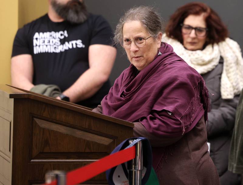 Cynthia de Seife, from DeKalb, speaks Monday, Jan. 26, 2026, during the Law and Justice Committee of the DeKalb County Board meeting at the DeKalb County Legislative Center in Sycamore.