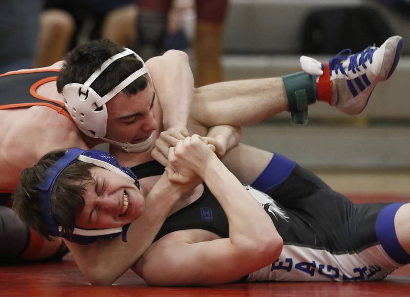 Crystal Lake Central’s Jackson Marlett pins Lakes’ Jayden Rudnicki in a 113-pound semifinal match of the IHSA 2A Antioch Wrestling Regional on Saturday, Feb. 8, 2025, at Antioch High School.