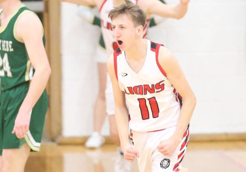 LaMoille's Jhett Cowser reacts after hitting a shot to end the first half against St. Bede on Tuesday, Feb. 11, 2025 at LaMoille High School.