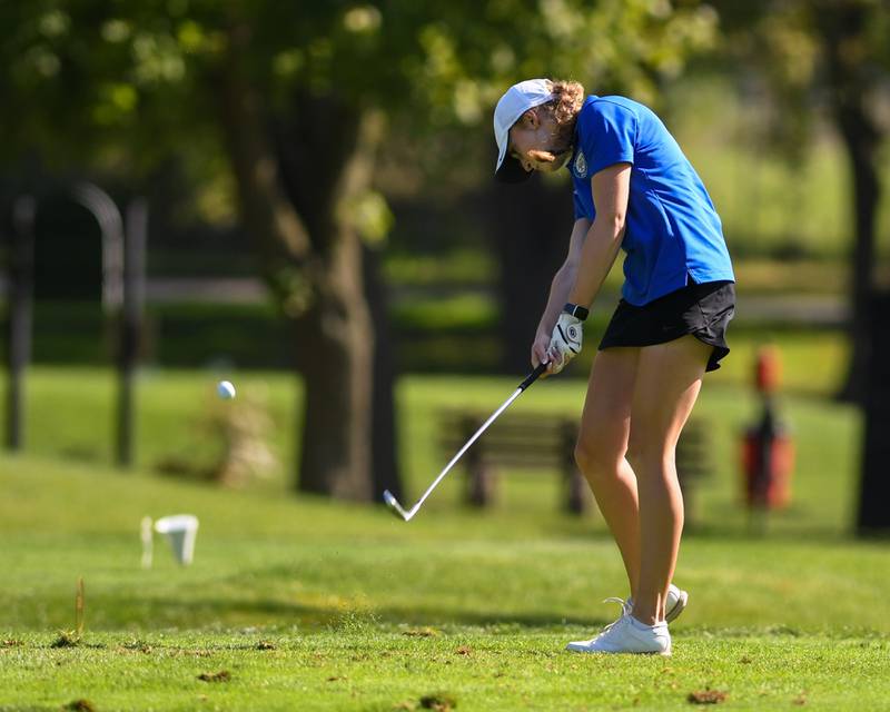 Kaylla Beu of St. Chalres North tees off during the DuKane conference meet on Tuesday Sept. 23, 2025, held at Phillips golf course in Aurora.