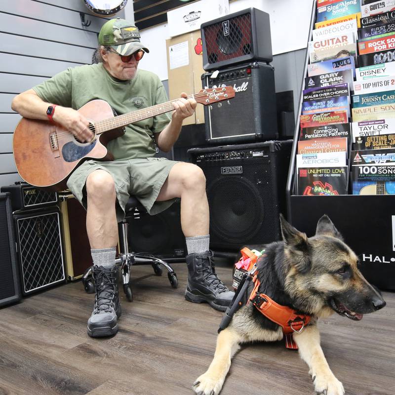 U.S. Marine Corps veteran Marshall Boyle, from DeKalb, plays guitar with his German Shepherd service dog, Lucy, Friday, Sept. 22, 2023, at Aurora Music Company in DeKalb. Boyle serves as an ambassador to Guitars 4 Vets and volunteers for Habitat for Humanity.