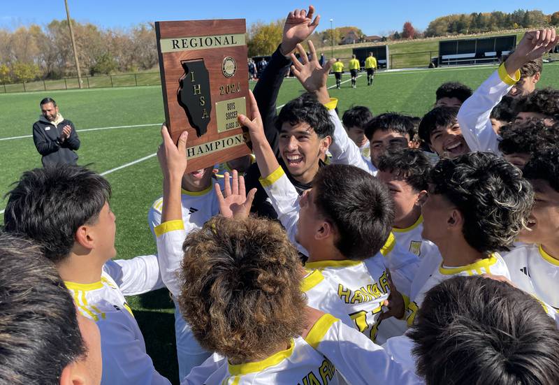 Harvard’s Hornets celebrate after a 2-1 win over Cary-Grove in IHSA Class 2A Regional Title Game soccer action on Saturday, Oct. 26, 2024, at  Harvard Junior High School  in Harvard.