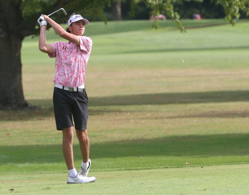 Hall's Noah Plym tees off on the 6th hole during the Class 1A Regionals on Wednesday, Oct. 1, 2025 at Deer Park Golf Club in Oglesby.