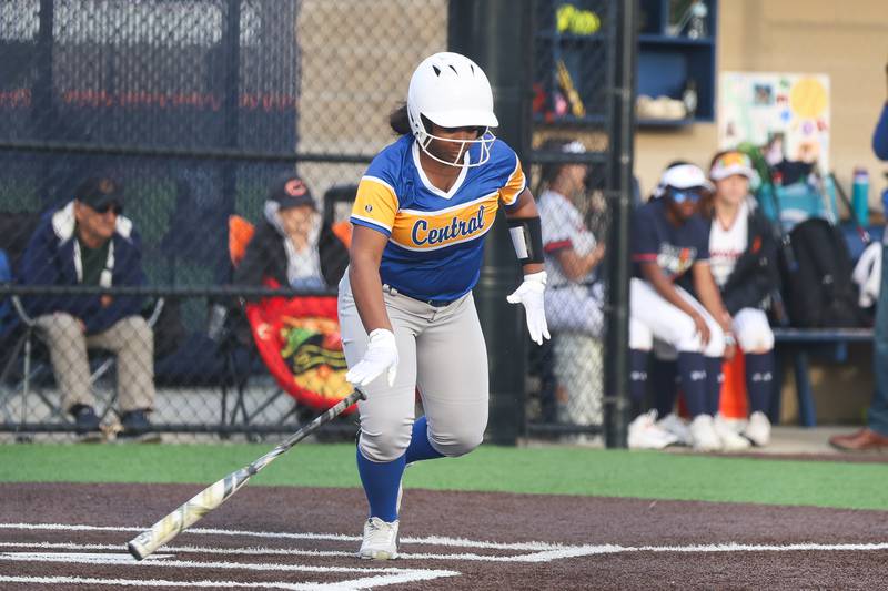 Joliet Central’s Jordan Poke heads to first on a single against Romeoville on Tuesday, April 28, 2026 in Romeoville.
