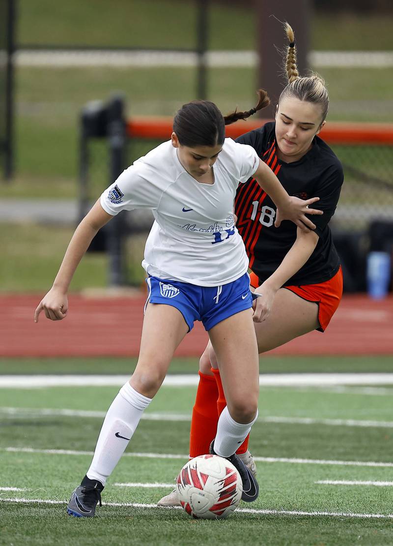 St. Charles North's Madi Shanahan (12) tries to maneuver around St. Charles East's Payton Rivard (18) during the championship game of the Rose Augsburg Drach Invitational Saturday, March 29, 2025 in St. Charles Ill.