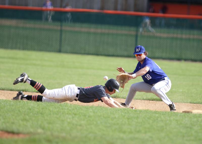 Wheaton North’s Tyler O’Connor attempts to get St. Charles East’s Mike Sharko out at second base during a game in St. Charles on Monday, May 15, 2023.