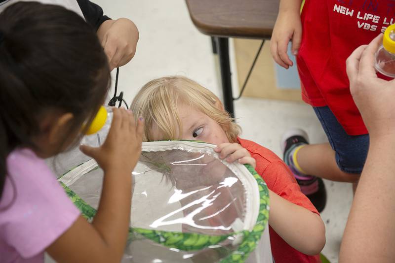 Students in Janelle Dykstra’s afternoon class get an up close look at a katydid that was caught a day earlier on the playground of Riverdale Preschool Center in Rock Falls. The school received a Gold Circle of Quality recognition by ExceleRate Illinois and the Illinois State Board of Education.