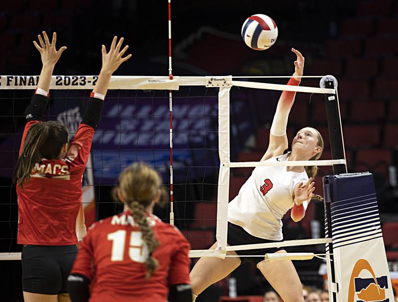 Barrington’s Hope Regas works the net against Mother McCauley in the 4A state semifinal Friday, Nov. 10, 2023 at CEFCU Arena in Normal.