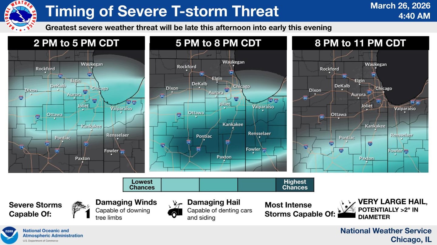 The timing of the severe threat of thunderstorms on Thursday in northern Illinois