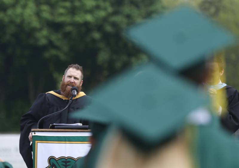 Principal Joshua Nobilio speaks to the graduates Saturday, May 13, 2023, during the graduation ceremony for class of 2023 at Crystal Lake South High School in Crystal Lake.