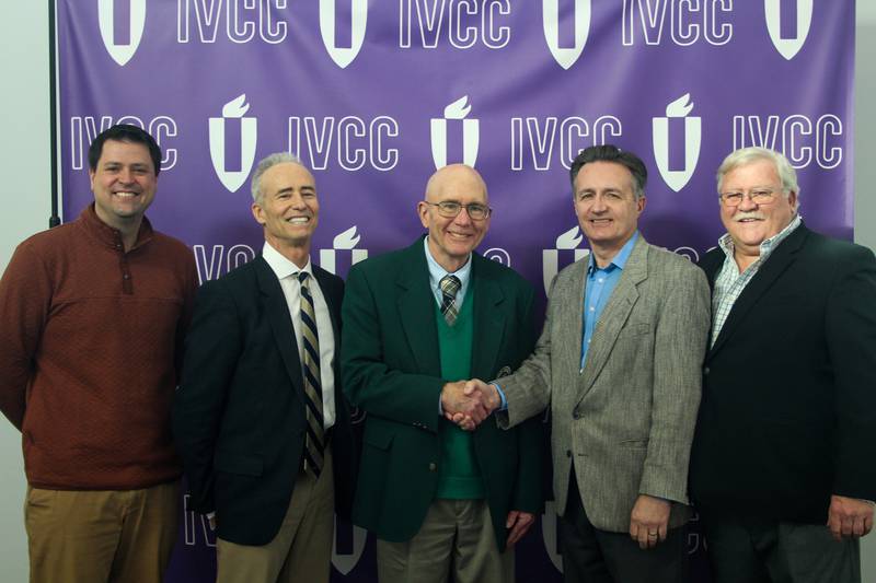 Illinois Valley Community College Dean of Workforce Development Shane Lange (left), Executive Director of Community Relations and Development Fran Brolley and President Jerry Corcoran with Hickory Wind’s Dan Churney and Steve Wolfgram. Hickory Wind created an IVCC Foundation scholarship for students in electricity, renewable energy and wind.