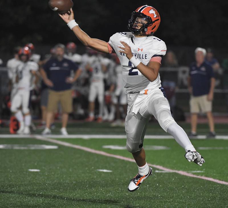 Naperville North’s Jacob Bell throws against Naperville Central in a high school football game at North Central College in Naperville on Friday, September 29, 2023.