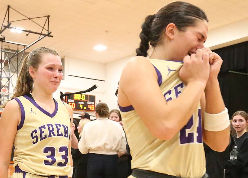 Serena's Paisley Twait and Jenna Setchell react after loosing to St. Bede in the Class 1A Sectional final game on Thursday, Feb. 22, 2024 at Gardner-South Wilmington High School.