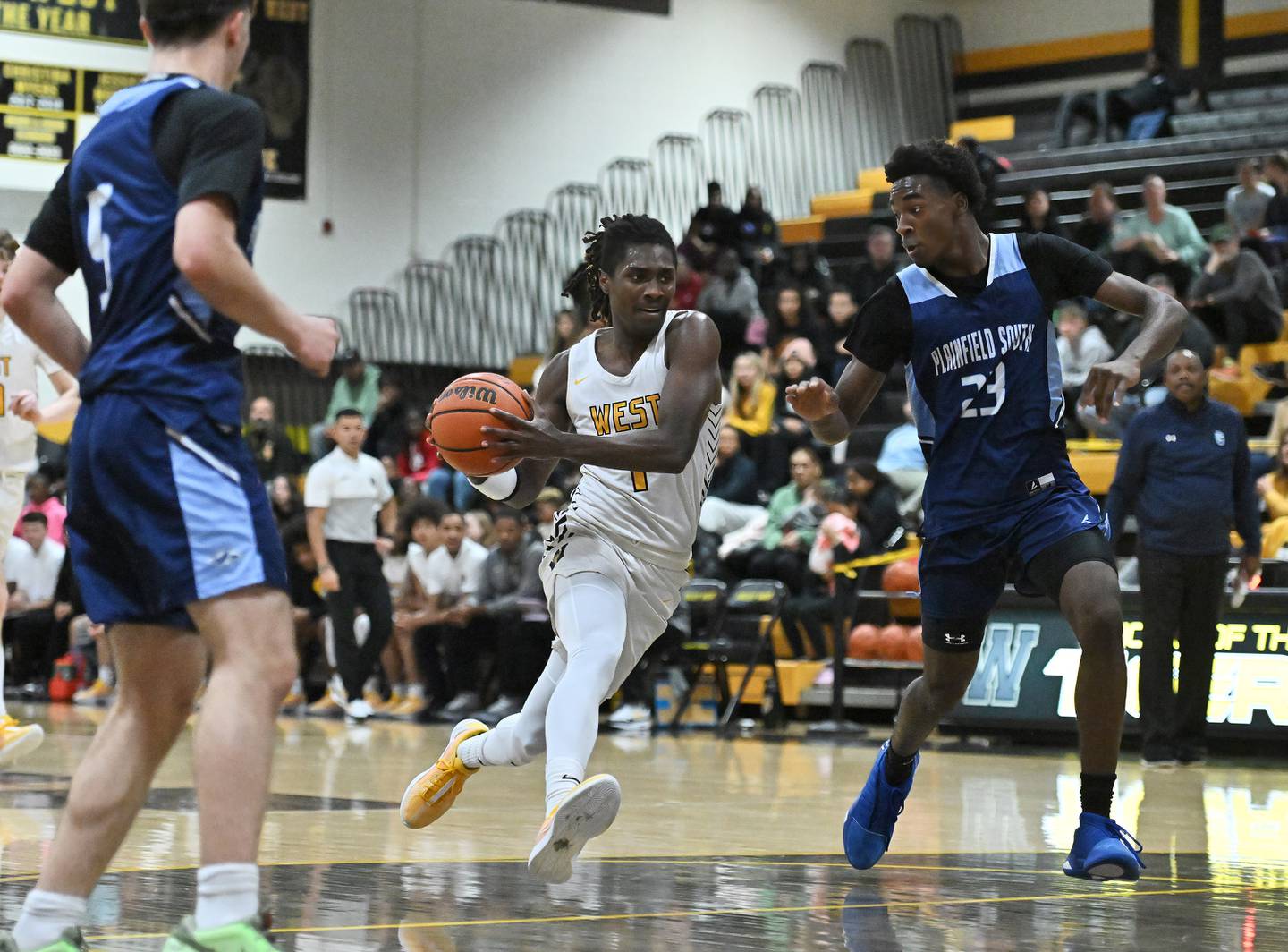 Joliet West's Justus Mcnair (1) drives down the lane during a conference game against Plainfield South on Friday, Dec. 01, 2023, at Joliet. (Dean Reid for Shaw Local News Network)