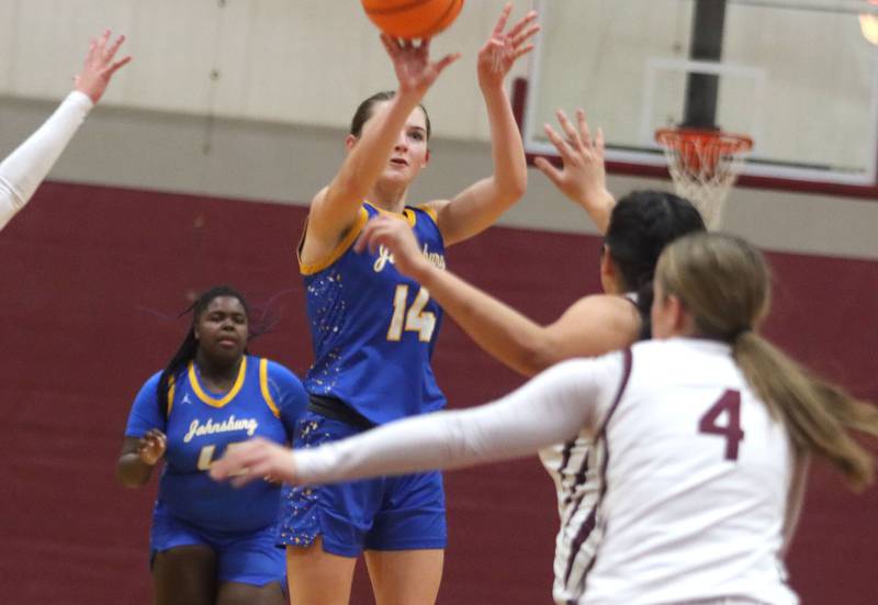 Johnsburg’s Summer Toussaint takes a shot in varsity girls basketball on Tuesday, Jan. 6, 2026 at Homer “Bill” Barry Gymnasium on the campus of Marengo High School in Marengo.