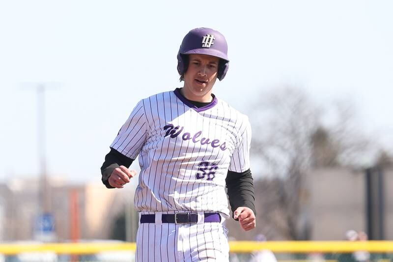 Joliet Junior College’s Zack Tarrant puts the Wolves on the scoreboard against Illinois Valley in game one of their double-header at the Wolves home opener on Sunday Mar. 3rd, 2024 in Joliet.