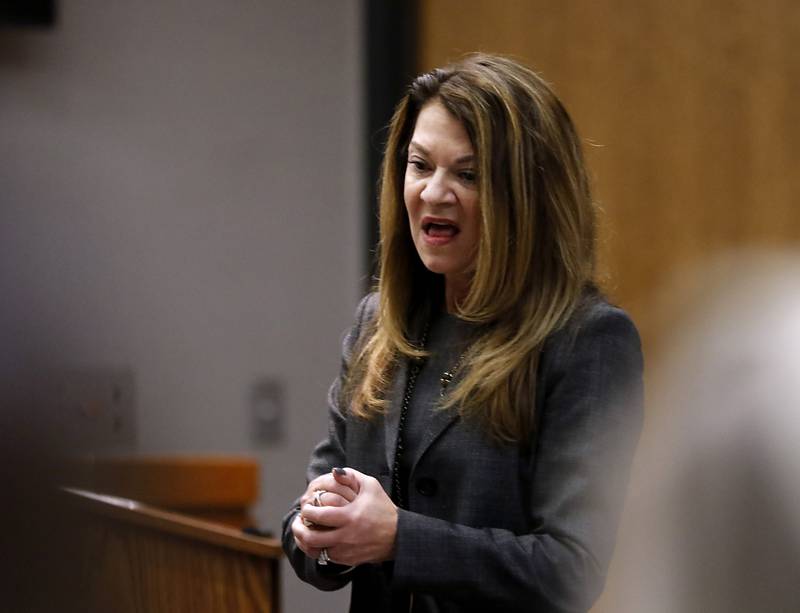 Ashley Romito, chief of special prosecutions in the McHenry County State's Attorney's Office's criminal division, delivers her opening statement during William Bishop’s bench trial before McHenry County Judge Michael Coppedge on Monday, Oct. 17, 2022, in the McHenry County courthouse in Woodstock.