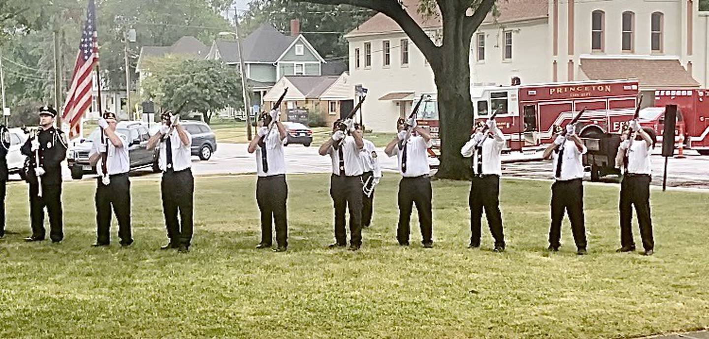 The Color Guard gives a 21-gun salute during Monday's 9-11 Remembrance Ceremony, at Soldiers and Sailors Park in Princeton.