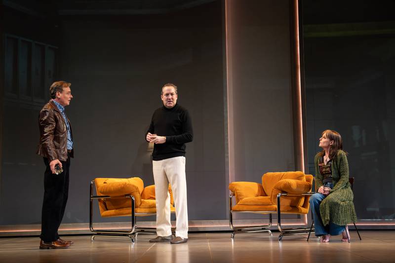 "Betrayal" stars Robert Sean Leonard (from left), Ian Barford and Helen Hunt through March 30, 2025 at Goodman Theatre in Chicago.