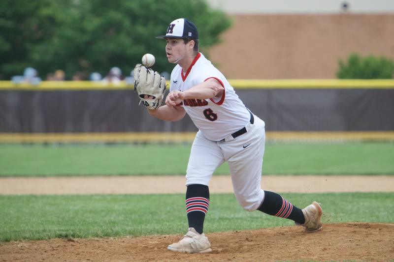 Huntley's Michael Vitellaro delivers a pitch against McHenry at the Class 4A Sectional Final on June 4, 2022 in Algonquin.