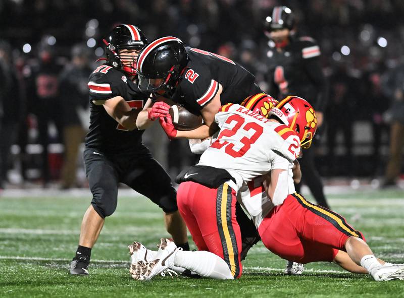 Lincoln-Way Central's Robert Tingley (2) runs the ball during the Class 7A semifinal playoff game against Batavia on Saturday, Nov 23, 2024 at New Lenox. (Dean Reid for Shaw Local News)