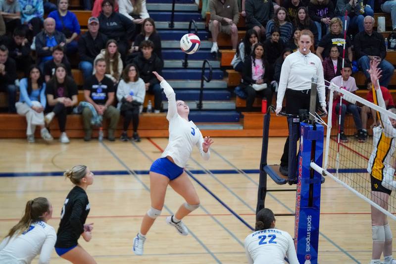 St. Charles North's Amber Czerniak (3) goes up for a kill attempt against Metea Valley during a Class 4A West Aurora Sectional semifinal volleyball match at West Aurora High School on Tuesday, Nov. 5, 2024.