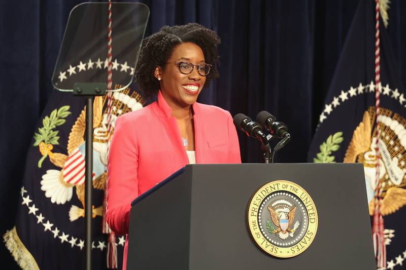 Congresswoman Lauren Underwood speaks before President Joe Biden takes the stage during his stop in Joliet at Jones Elementary School on Saturday.