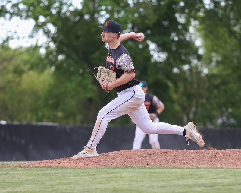 Sandwich's Chance Lange (27) delivers to the plate during baseball game between Sandwich at Plano.  May 8, 2024