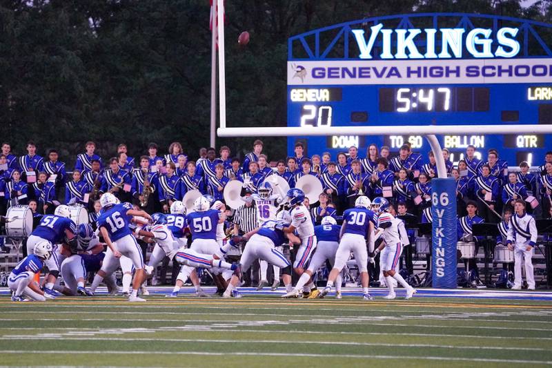 Geneva’s Jayden Hodgdon (16) kick’s an extra point against Larkin during a football game at Geneva High School on Friday, Aug 30, 2024.