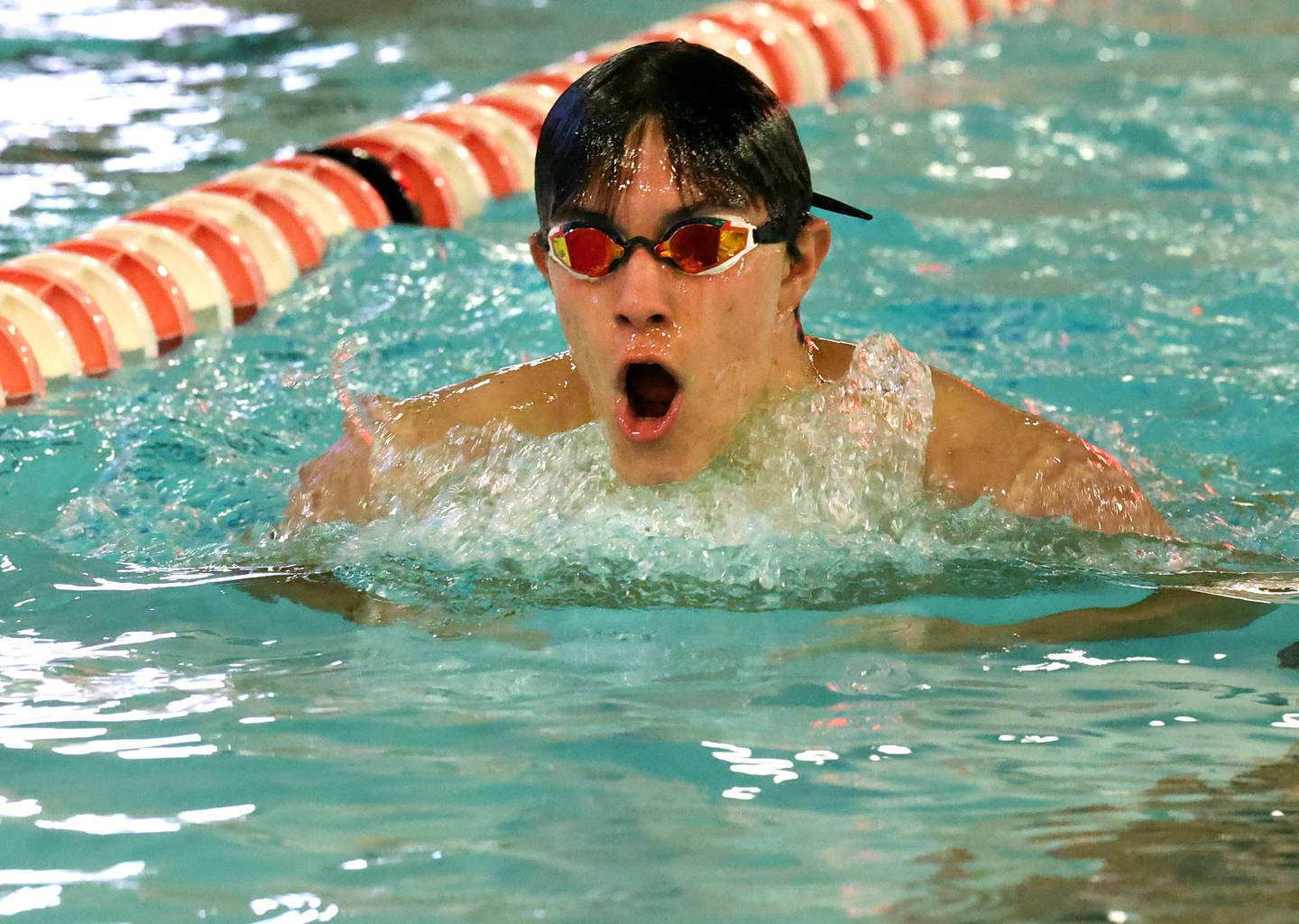 DeKalb-Sycamore co-op swimmer Ian Wickens-Walther competes in the junior varsity 200 yard individual medley Thursday, Jan. 23, 2025, during their meet against Metea Valley at the Huntley Middle School Pool in DeKalb.
