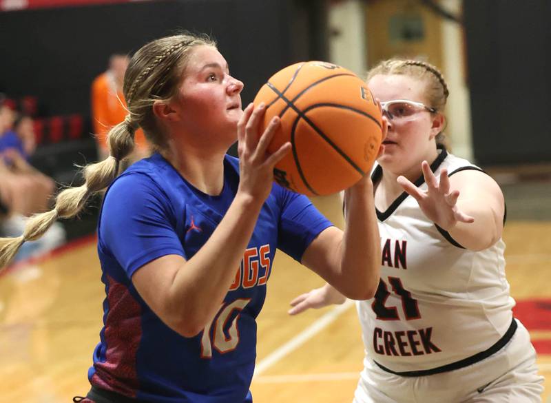 Genoa-Kingston's Arielle Rich shoots in front of Indian Creek's Taylor Hulmes Monday, Dec. 8, 2025, during their game at Indian Creek High School in Shabbona.